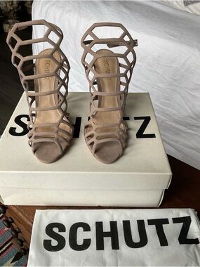 SCHUTZ Taupe Geometric Cage High Heel Stilettos